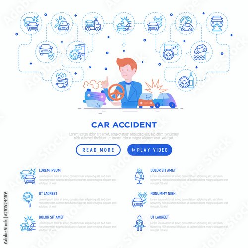 Insurance agent tells about car accidents. Web page template with thin line icons: crashed cars, tow truck, drunk driving, safety belt, traffic offense, car insurance. Modern vector illustration.