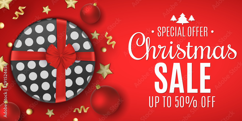 Naklejka premium Banner for Christmas sale. Gift box with a red bow. Balls with golden stars and serpentine. Stylish lettering. Seasonal holiday shopping. Vector illustration