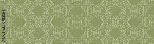 Hand drawn kaleidoscope wagara damask seamless border pattern. Modern japanese motif, hand drawn in softgrass green neutral tones. Ribbon trim edging for zakka asian washi tape, craft stationery.