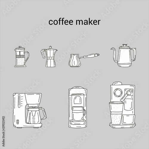 Coffee Maker. Vector hand drawn illustration set of coffee making. Pour beer, coffee pot, French press, mocha pan and pots, capsule.