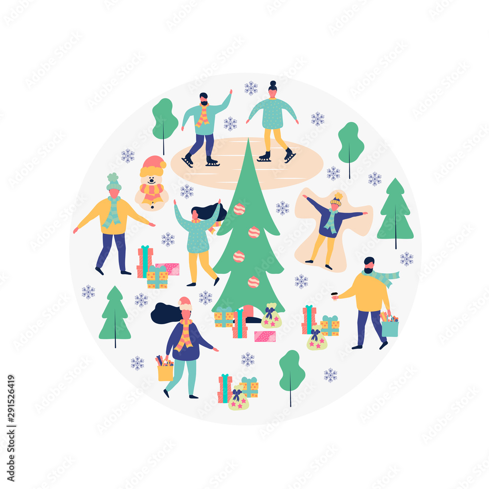 Christmas frame with people decorating xmas tree, skating, having fun. Women and men with gifts for holiday. Christmas frame with people decorating xmas tree, skating, having fun. Women and men with gifts for holiday.