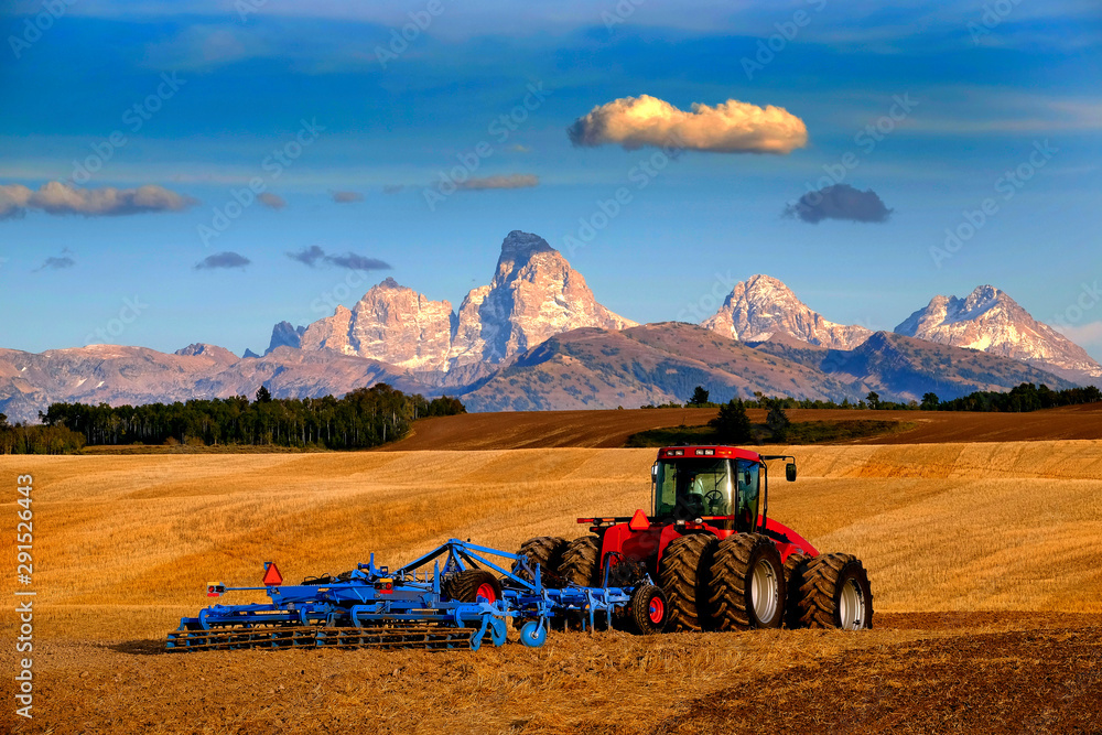 Naklejka premium Tractor Farming Ground Harvesting Crops in Fall Autumn Teton Mountains Rugged