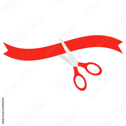 Scissors cut decorative red ribbon with dash line. Flat design style. Vector illustration