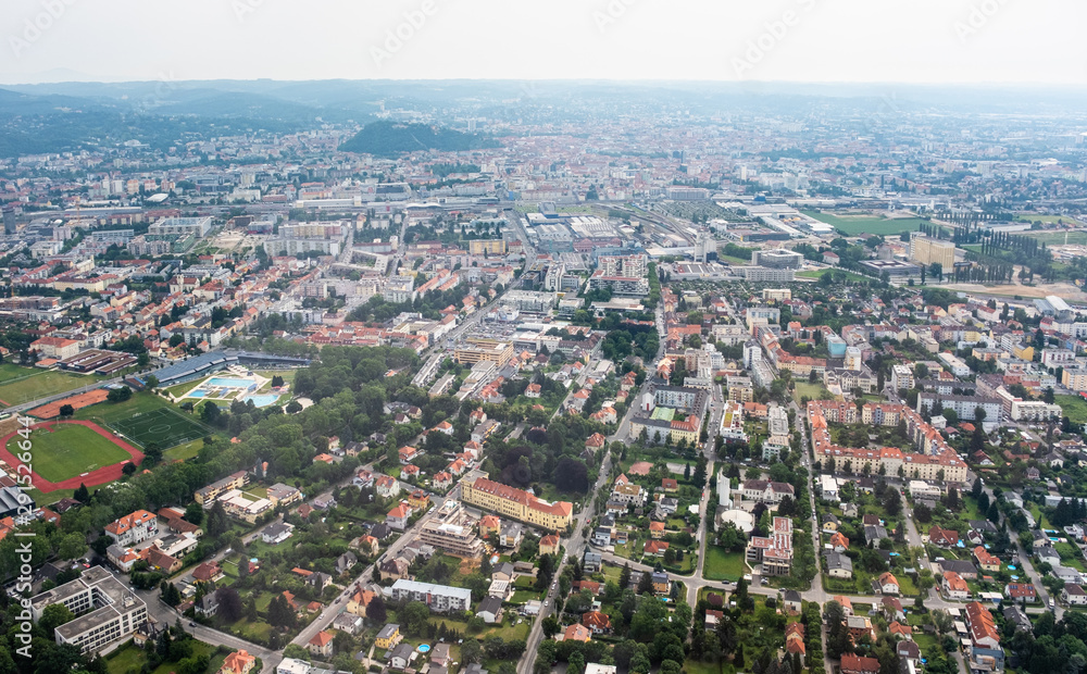 City Graz aerial view with district Eggenberg and swimming pool