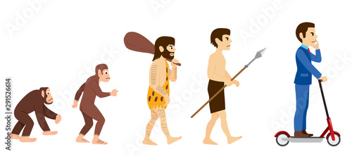 Human evolution from primitive monkey to modern businessman riding scooter