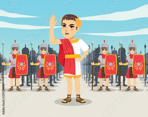 Ancient Rome legionary army infantrymen with shields and spears on battle field and patrician leader in front