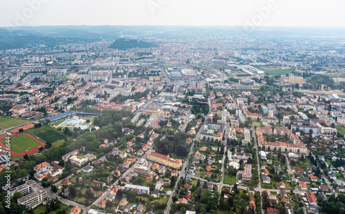 City Graz aerial view with district Eggenberg and swimming pool