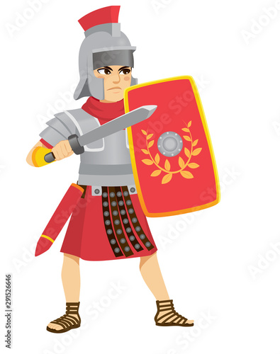 Roman Legionary in action fighting with sword and holding shield