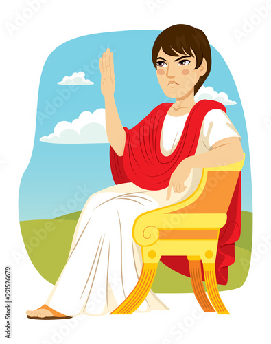 Ancient roman patrician sitting on luxury chair with arm up