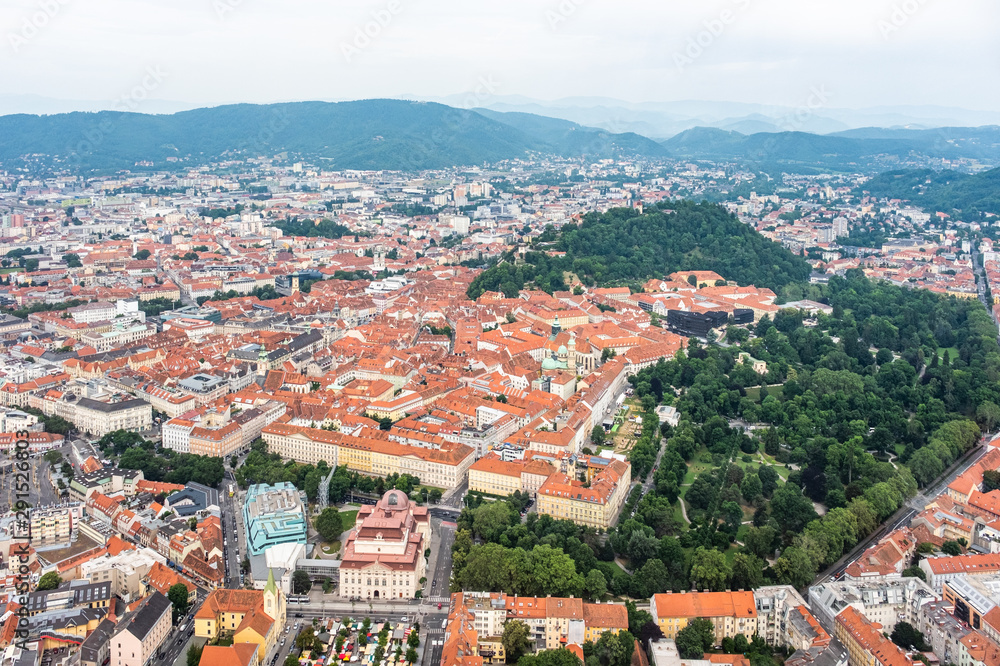City Graz center aerial view with Schloßberg, Uhrturm, central park