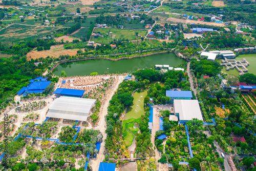 Aerial view of tropical garden in Chonburi province, Thailand. Aerial view from drone photo