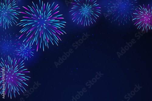 Colorful fireworks on a dark background. Bright fireworks in the night starry sky. Background for festive design, party. Vector illustration