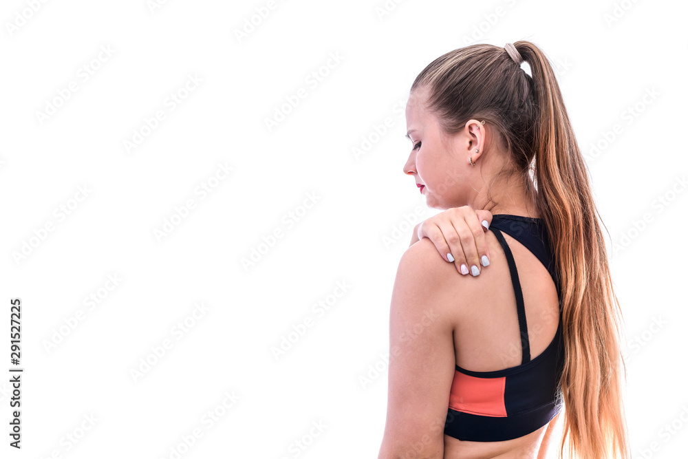 Fototapeta premium Woman feeling pain in shoulder isolated on white