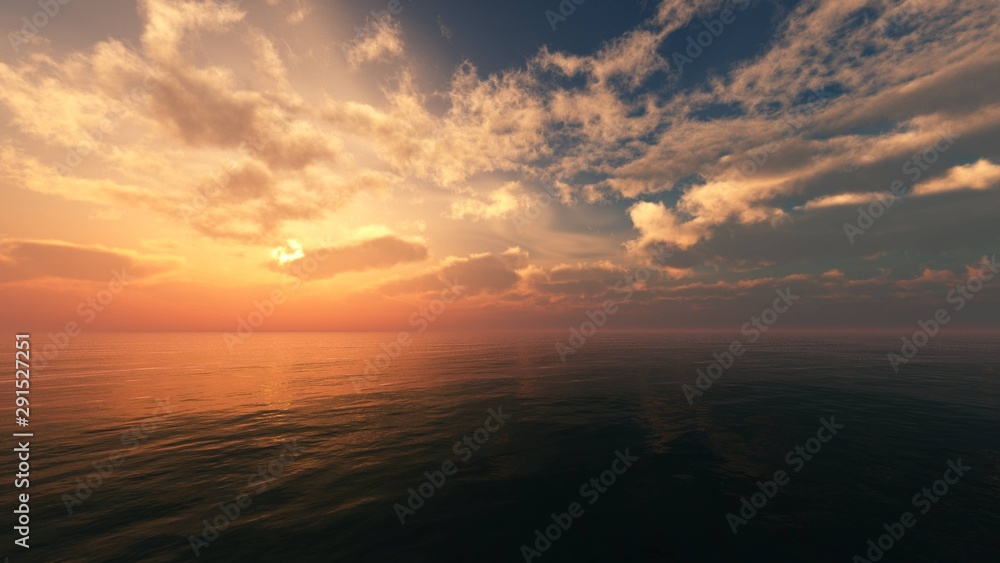 Beautiful sea sunset. Flying over the water at sunset. Clouds and sun over the ocean
