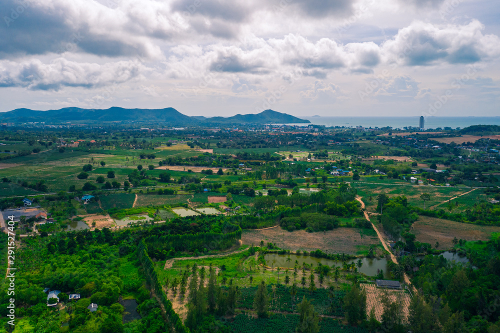 Naklejka premium Aerial landscape of Chonburi province, Thailand. Aerial view from drone