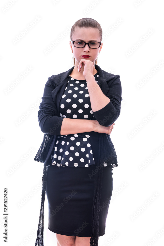 Young pretty woman in glasses gesturing isolated on white Young pretty woman in glasses gesturing isolated on white