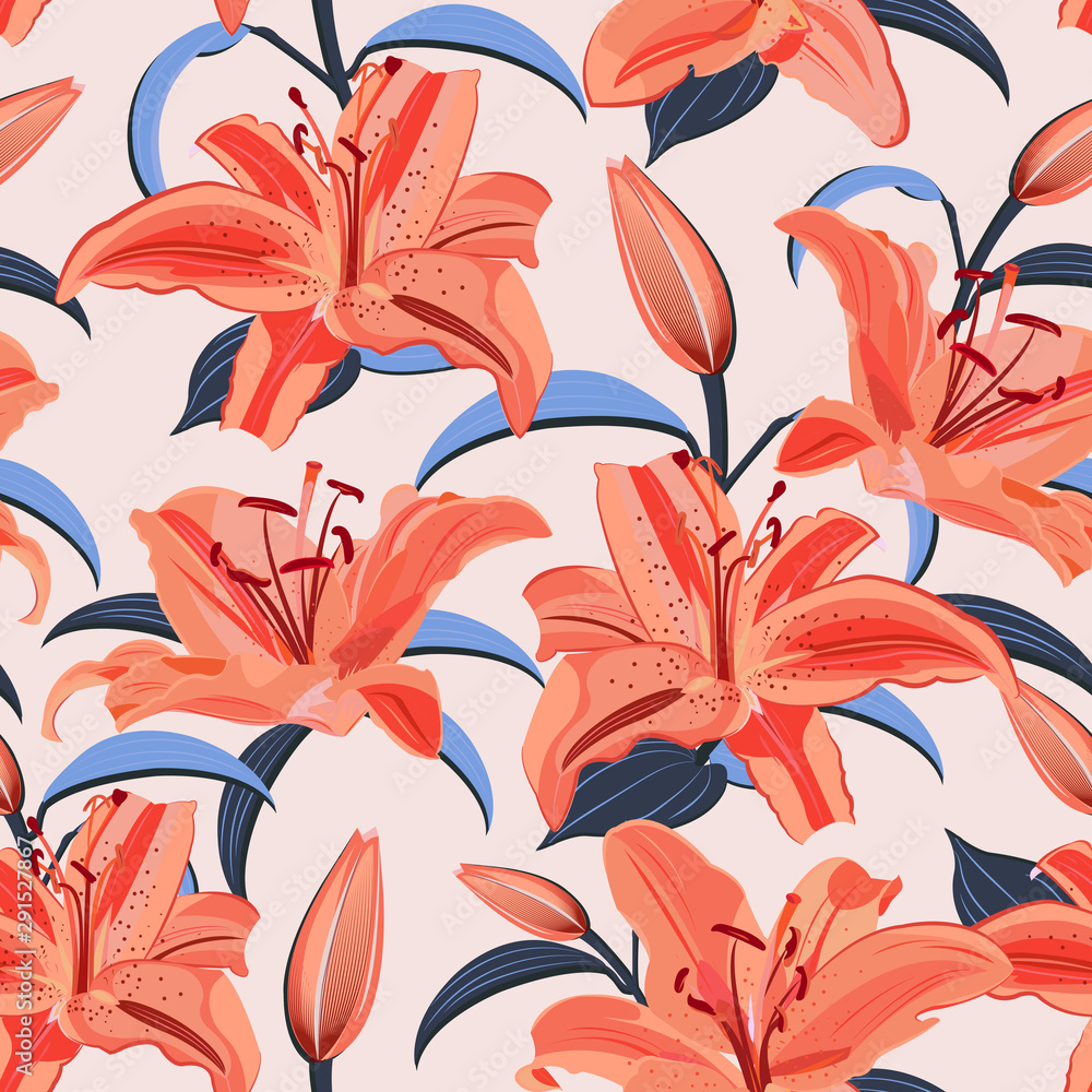 Lily flower seamless pattern on pink background, Orange lily floral vector illustration Lily flower seamless pattern on pink background, Orange lily floral vector illustration