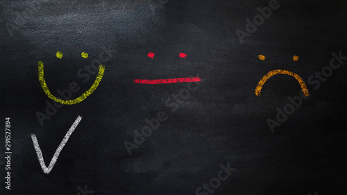 Survey, poll or questionnaire for user experience or customer satisfaction research. Quality control and feedback concept. choosing smiley icon on chalkboard