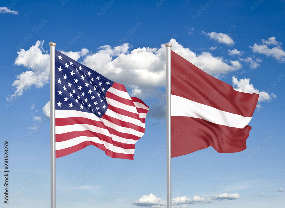 Fototapeta premium United States of America vs Latvia. Thick colored silky flags of America and Latvia. 3D illustration on sky background. - Illustration