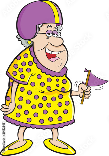 Cartoon illustration of an old lady wearing a football helmet while holding a pennant.