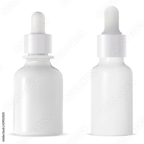 Medicine dropper bottle. Cosmetic eyedropper vial, isolated. Collagen aging liquid serum bottle. Natural treatment medical eye drop glass packaging mockup. Luxury aroma container blank mock up