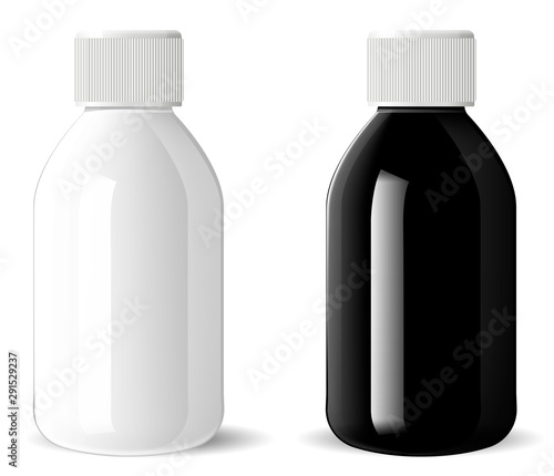 Glossy glass bottle. Medical cosmetic vial mockup. Realistic pharmacy vitamin jar. Supplement container illustration. Milk white bottle with plastic lid. Pharmaceutical syrup jar. Cylinder pack