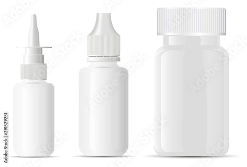 Nasal dropper bottle. Supplement pill package. Clean 3d container for medicine eye drop. Pharmacy medication packaging. Nozzle antiseptic liquid sprayer. Aerosol tube allergy product. Medical drug photo