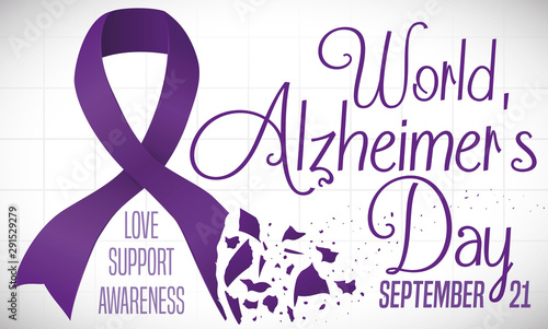 Broken and Faded Purple Ribbon Promoting World Alzheimer's Day Celebration, Vector Illustration