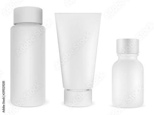 Cosmetic bottle package. White plastic product 3d blank. Cream container, hair shampoo, beauty care jar template. Realistic design without label. Shower gel, moisturizer or mask pack