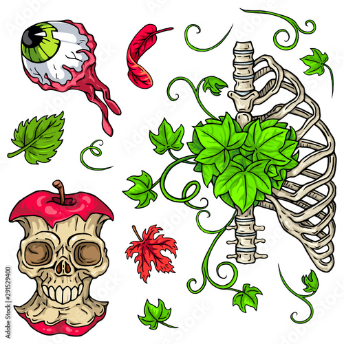 Vector creepy Dead Body colorful collection. Apple skull, skeleton with ivy heart, eyeball and leaves for web, clothes and graphic design, print, poster, cover, package, stickers. Halloween design