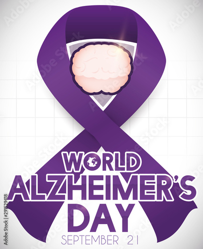 Purple Ribbon with Brain over Shield for World Alzheimer's Day, Vector Illustration
