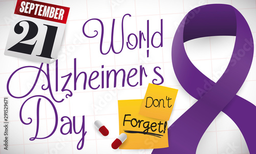 Calendar, Notes, Medication and Ribbon to Celebrate World Alzheimer's Day, Vector Illustration