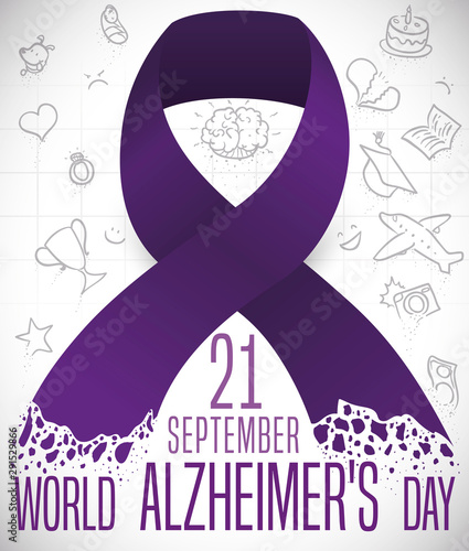 Purple Ribbon with Doodles like Memories in World Alzheimer's Day, Vector Illustration