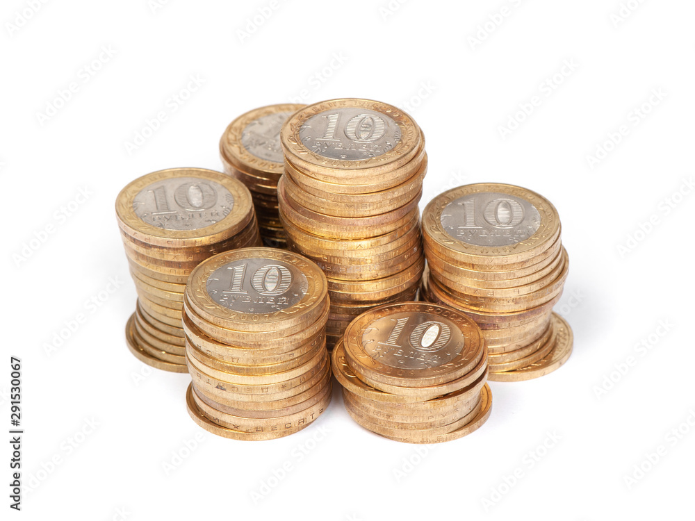 Stack of Russian jubilee coins of ten rubles Stack of Russian jubilee coins of ten rubles
