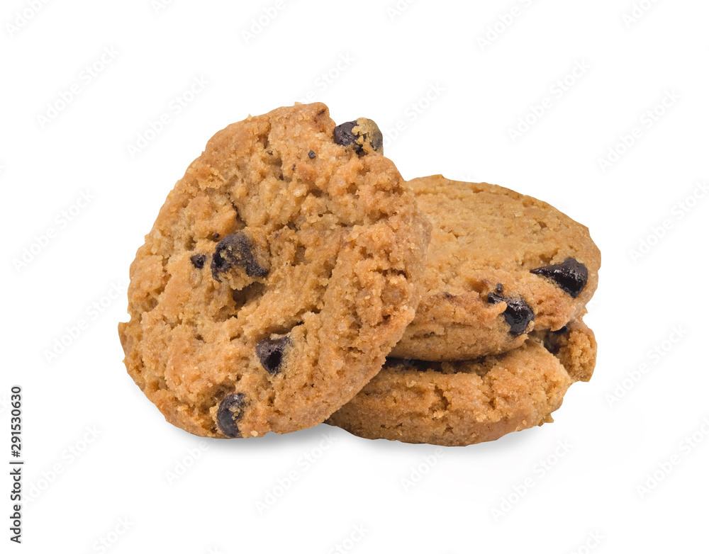 Close-up of Chocolate chip cookies isolated on white background. Cllipping path. Close-up of Chocolate chip cookies isolated on white background. Cllipping path.