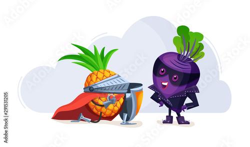 Funny cartoon characters fruits in superhero costumes lovers plum and pineapple. Fruit together, pineapple confesses love to plum vegetable character vector illustration