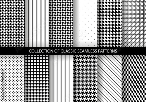 Set of classic fashion houndstooth seamless geometric patterns. Variations of pied de poule print