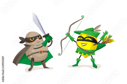 Funny cartoon characters fruits in superhero costumes.
