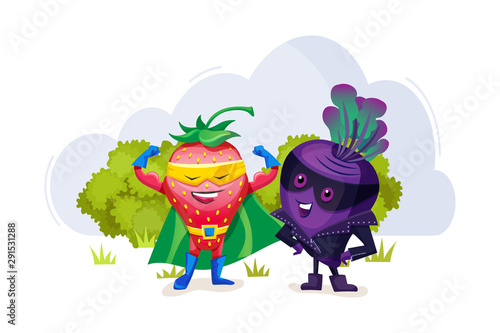 Funny cartoon characters fruits in superhero costumes