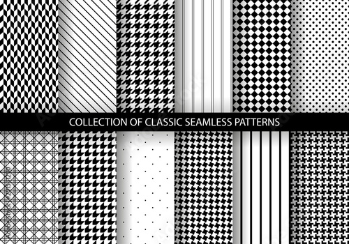 Set of classic fashion houndstooth seamless geometric patterns. Variations of pied de poule print