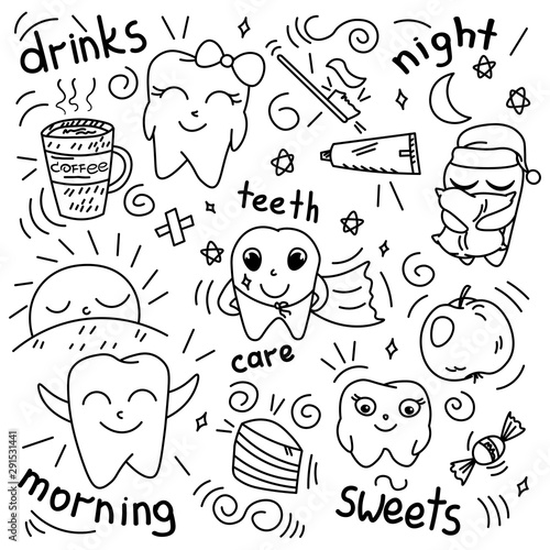 cute doodle happy teeth, cartoon drawing, for kids dental cabinet or books illustration, dental care and teeth health theme, editable vector illustration