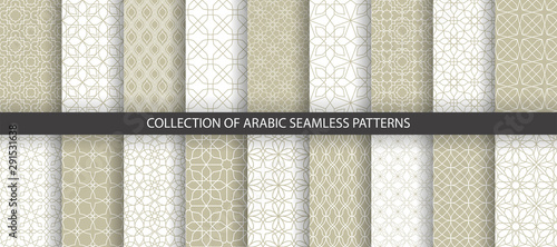 Big collection of light geometrical patterns. White, beige grille texture in Arabic, Oriental style. Set of seamless vector backgrounds.