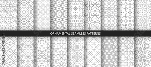 Big collection of light geometrical patterns. White  grey grille texture in Arabic  Oriental style. Set of seamless vector backgrounds.