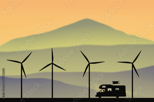 Cartoon retro car between windmills on road at morning. Vector illustration with silhouette of man traveling in camper. Solo road trip. Background with mountain foggy landscape