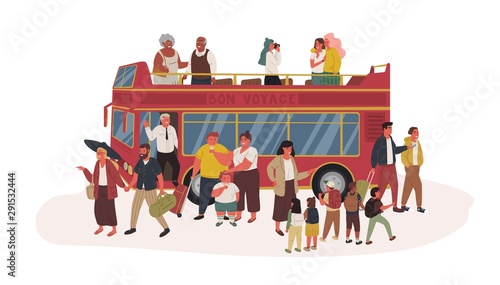 Group of tourists flat vector illustration. Kids, youth and seniors in sightseeing bus isolated cartoon characters on white background. People in casual clothes standing near red double-decker autobus