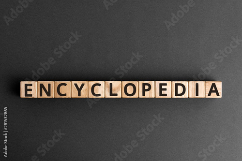 Encyclopedia - word from wooden blocks with letters, collection of information encyclopedia concept, top view on grey background