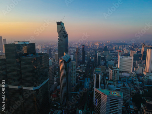 Modern city building morning sunrise aerial view