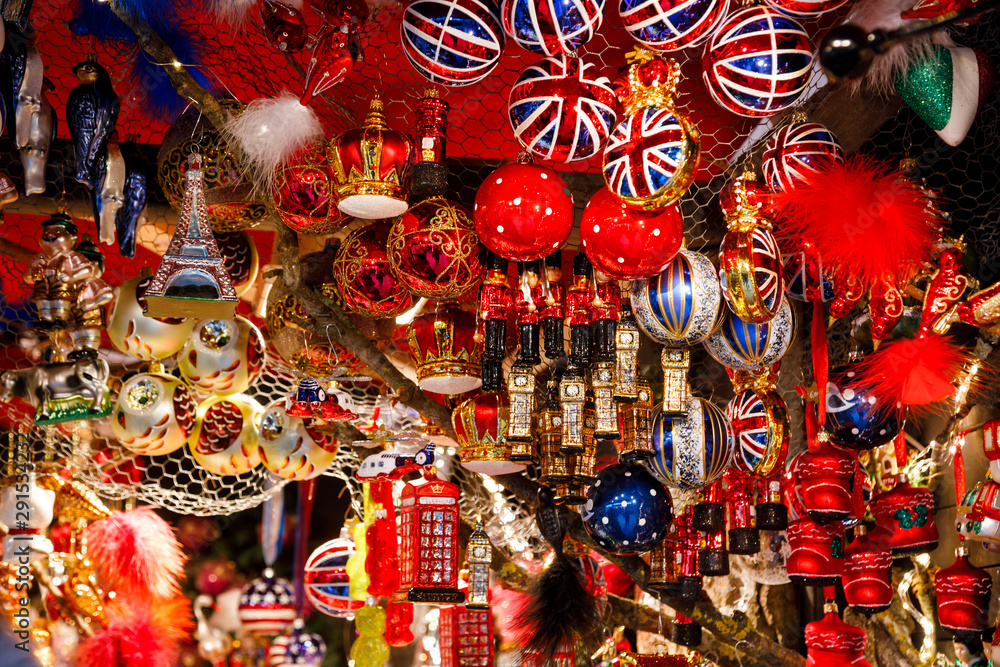 British themed Christmas decorations for sale at Christmas market stall