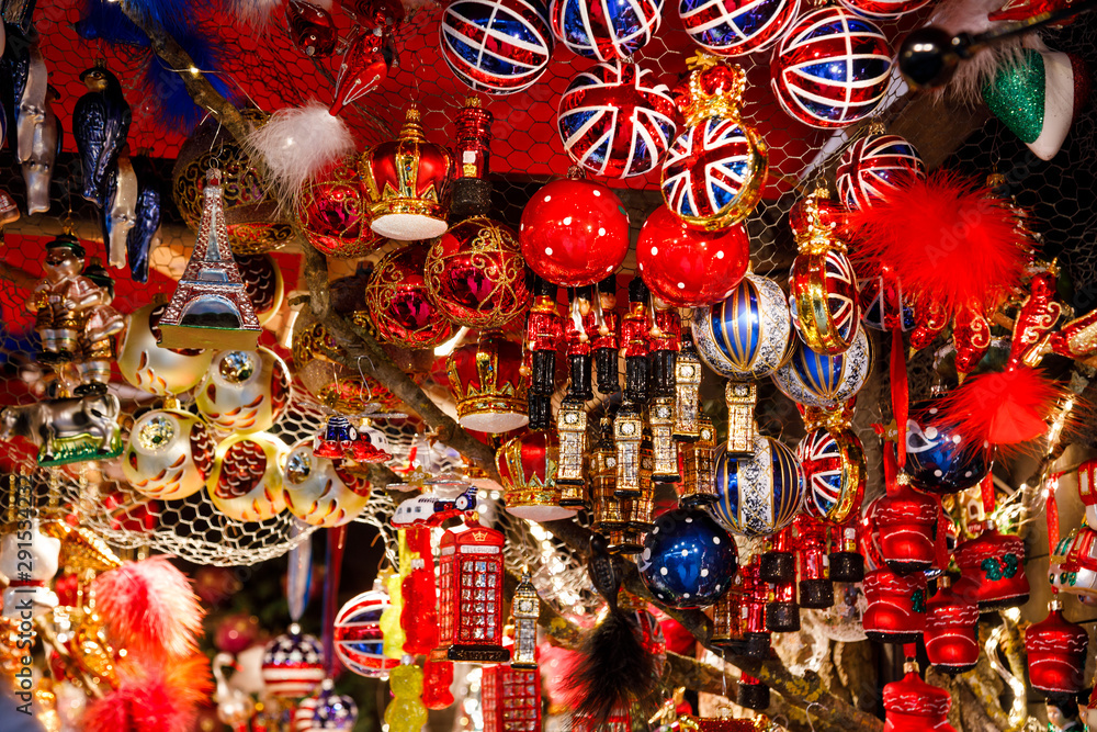 British themed Christmas decorations for sale at Christmas market stall in Berlin Germany