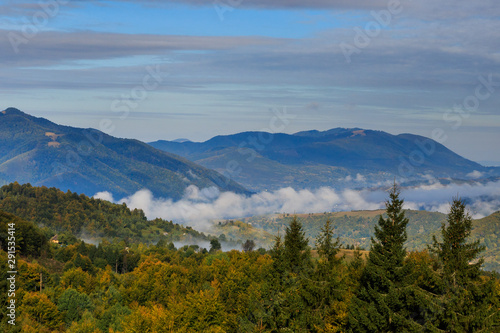 Carpathian mountains in early autumn around the village of Kolochava, Ukraine